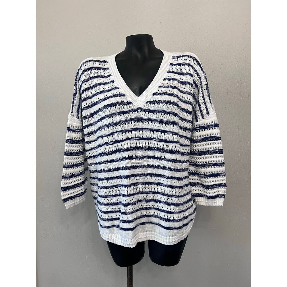 Cabi Sweater Sz S‎ White Blue Striped Oversize V-Neck Open Weave Coastal Beachy
